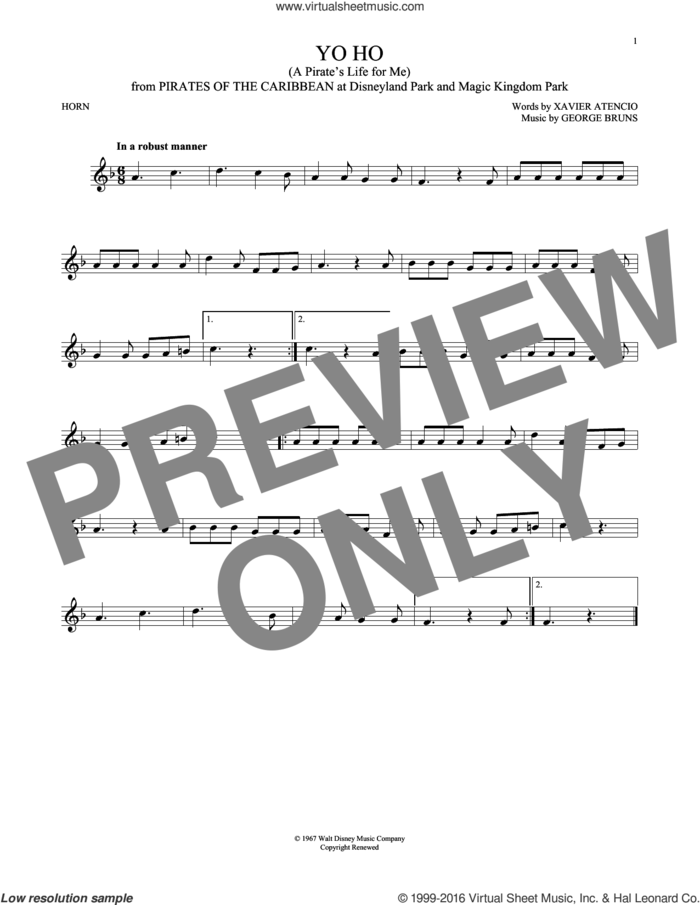 Yo Ho (A Pirate's Life For Me) sheet music for horn solo by George Bruns and Xavier Atencio, intermediate skill level