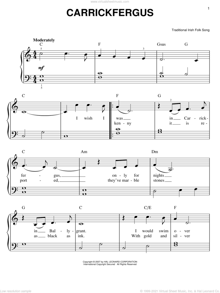 Carrickfergus, (easy) sheet music for piano solo, easy skill level