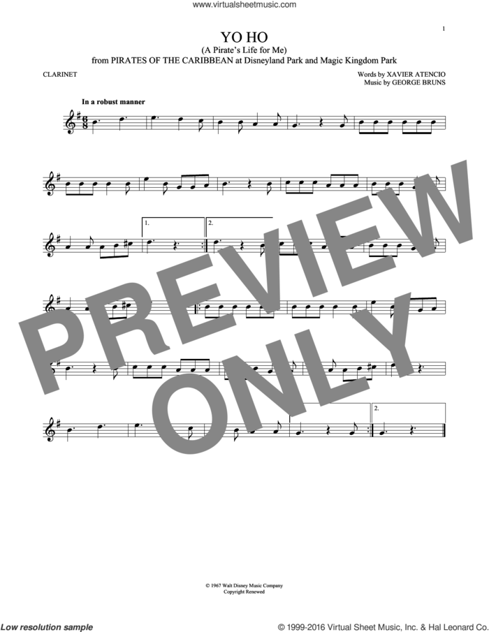 Yo Ho (A Pirate's Life For Me) sheet music for clarinet solo by George Bruns and Xavier Atencio, intermediate skill level