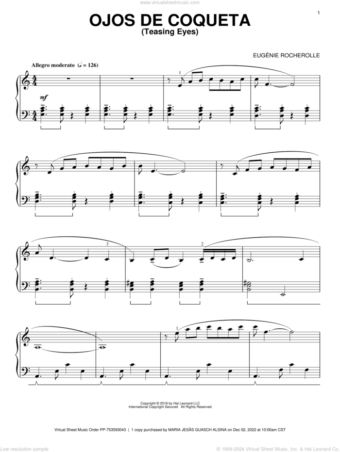 Ojos De Coqueta sheet music for piano solo by Eugenie Rocherolle, intermediate skill level