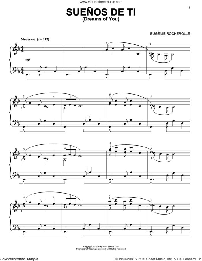 Suenos de Ti sheet music for piano solo by Eugenie Rocherolle, intermediate skill level