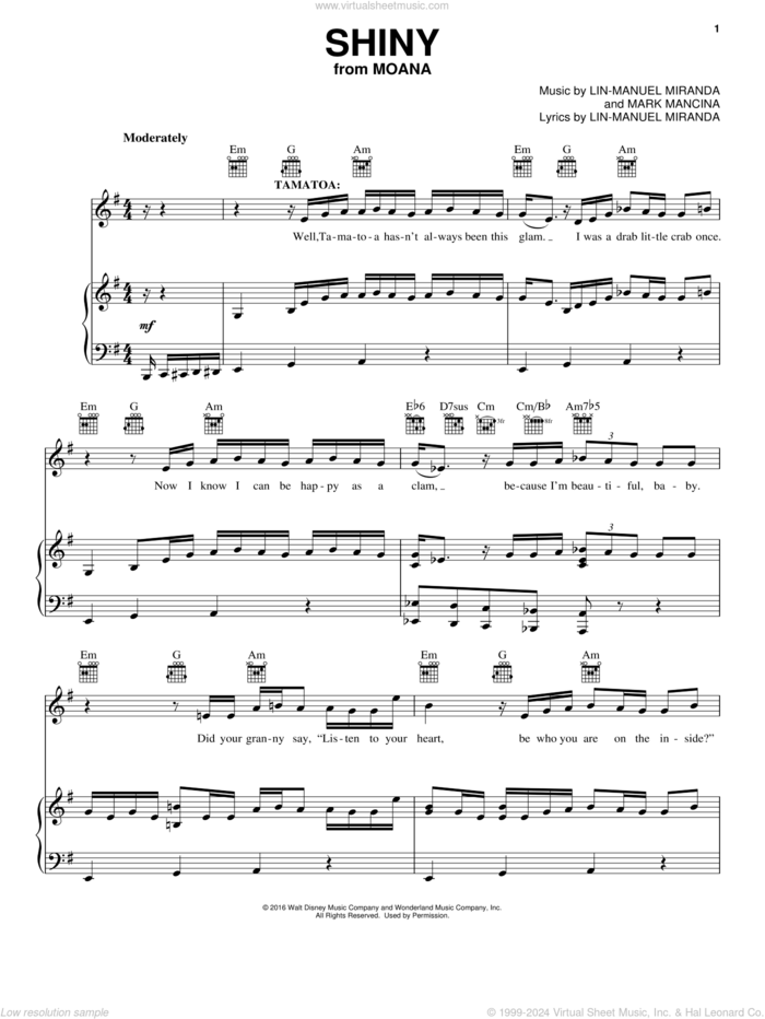 Shiny (from Moana) sheet music for voice, piano or guitar by Lin-Manuel Miranda and Mark Mancina, intermediate skill level