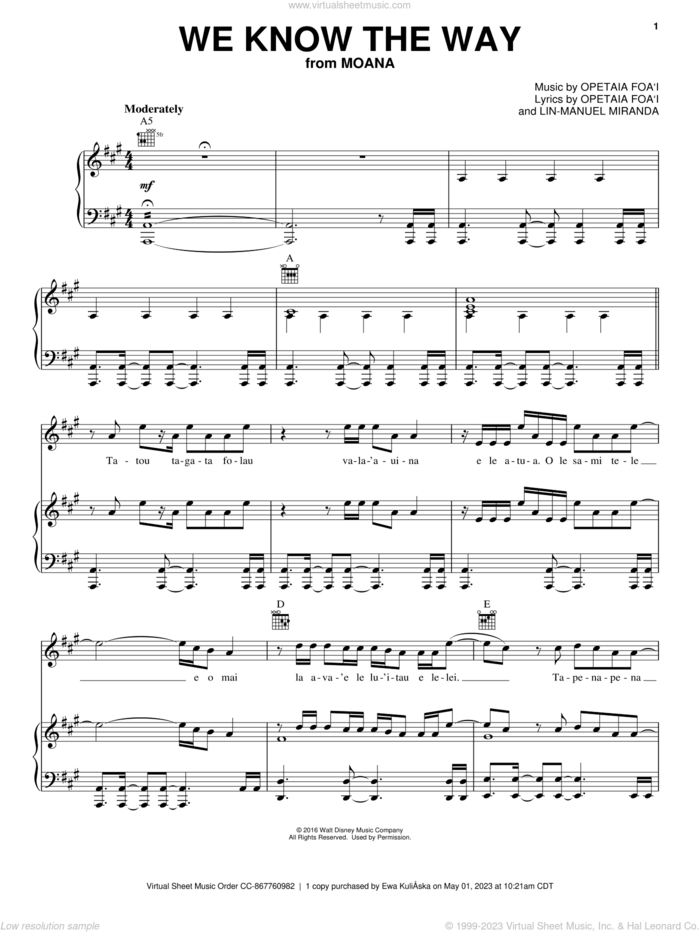 We Know The Way (from Moana) sheet music for voice, piano or guitar by Opetaia Foa'i & Lin-Manuel Miranda and Lin-Manuel Miranda, intermediate skill level