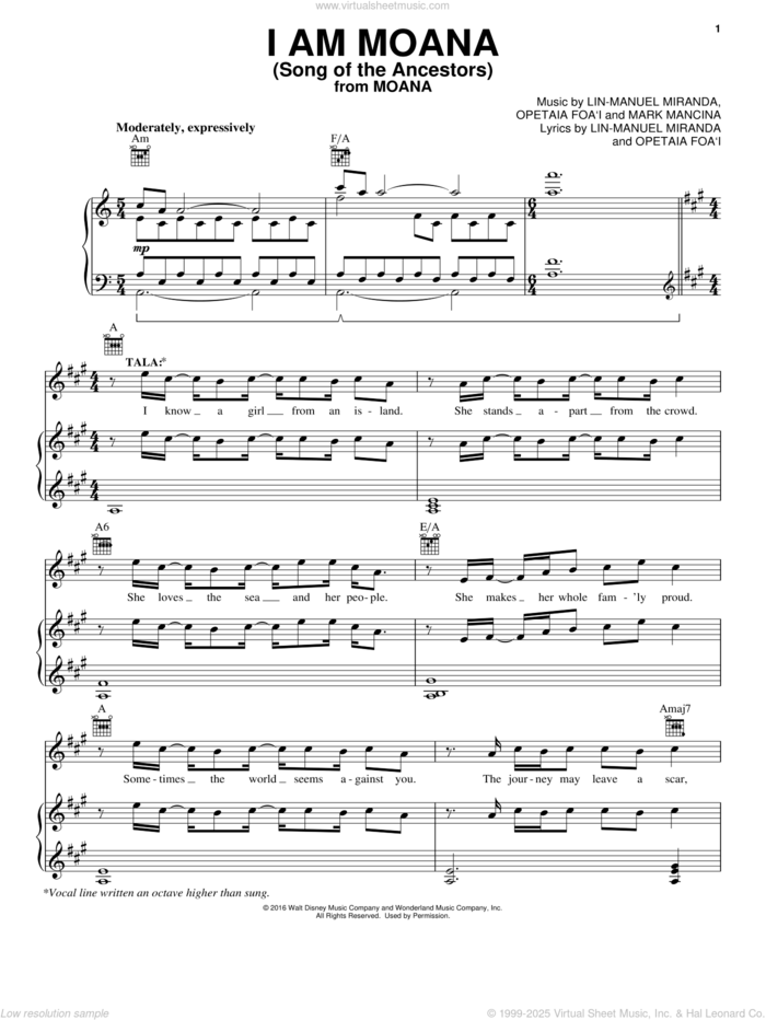 I Am Moana (Song Of The Ancestors) (from Moana) sheet music for voice, piano or guitar by Lin-Manuel Miranda and Mark Mancina, intermediate skill level