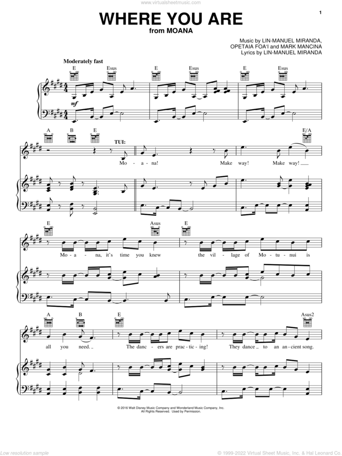 Where You Are (from Moana) sheet music for voice, piano or guitar by Lin-Manuel Miranda and Mark Mancina, intermediate skill level