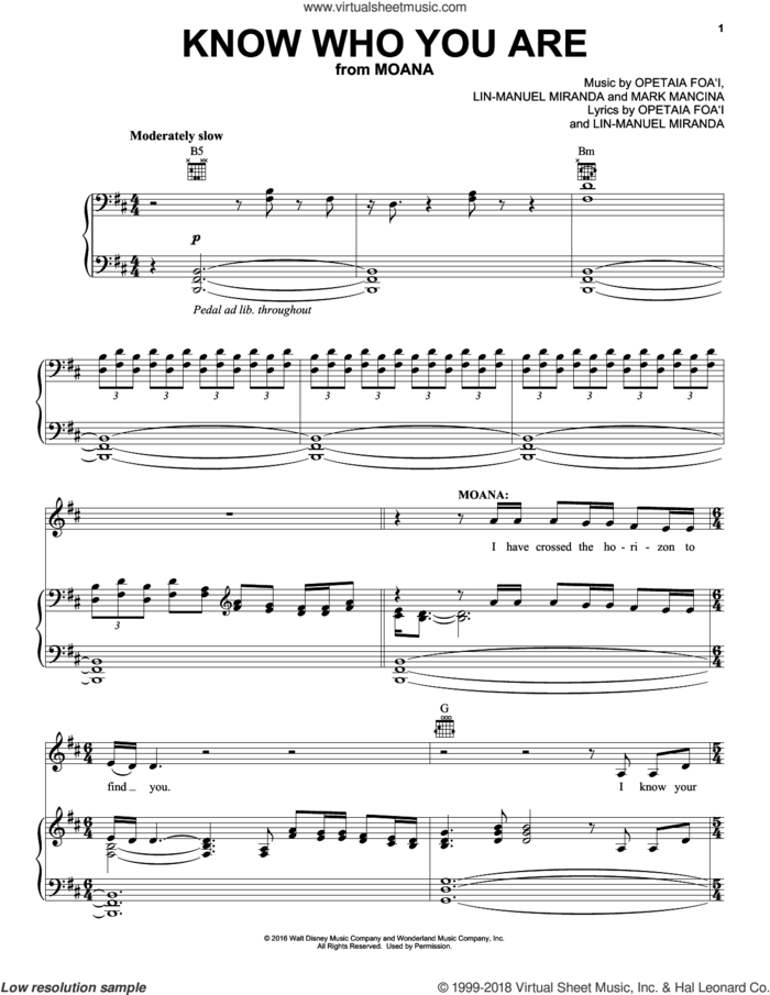 Know Who You Are (from Moana) sheet music for voice, piano or guitar by Lin-Manuel Miranda and Mark Mancina, intermediate skill level