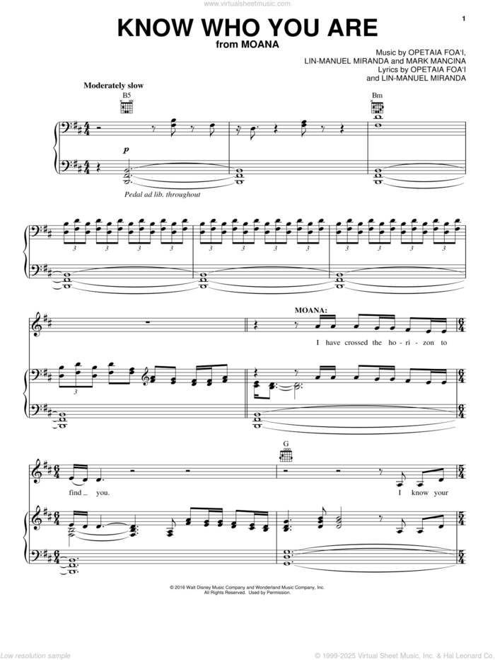 Know Who You Are (from Moana) sheet music for voice, piano or guitar by Lin-Manuel Miranda and Mark Mancina, intermediate skill level