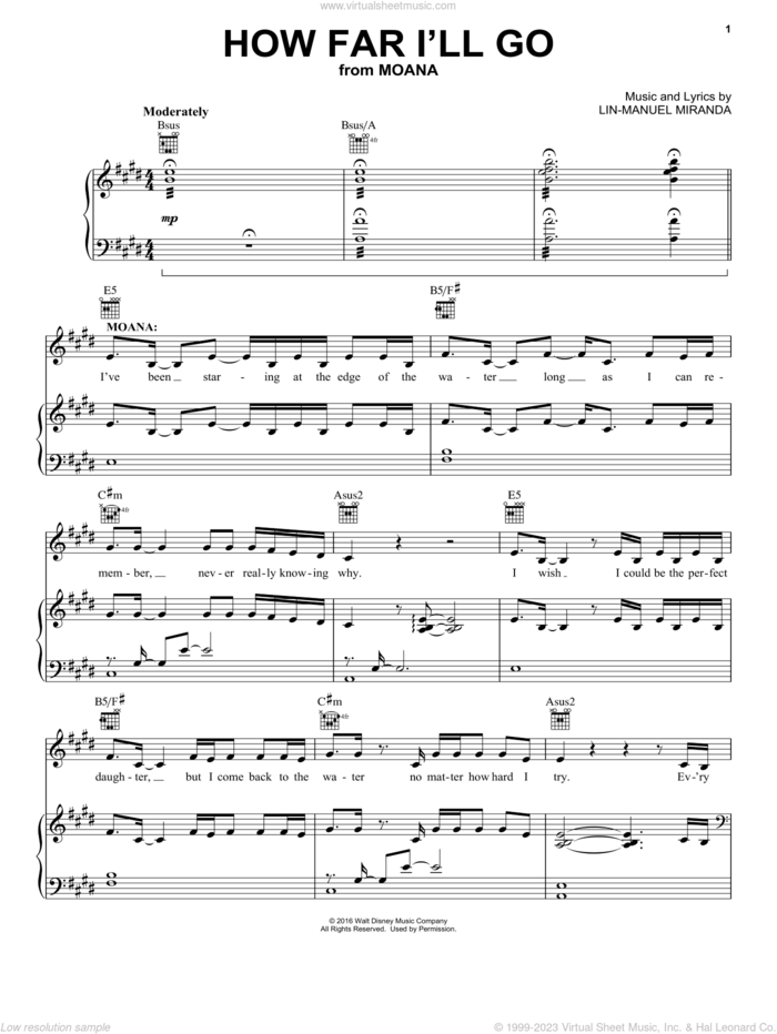 How Far I'll Go (from Moana) sheet music for voice, piano or guitar by Lin-Manuel Miranda and Alessia Cara, intermediate skill level