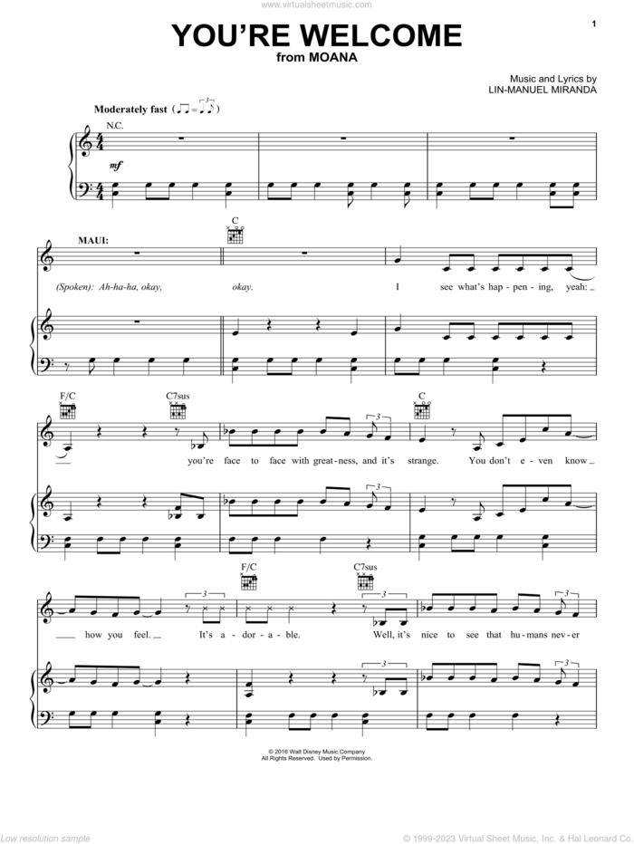 You're Welcome (from Moana) sheet music for voice, piano or guitar by Lin-Manuel Miranda, intermediate skill level