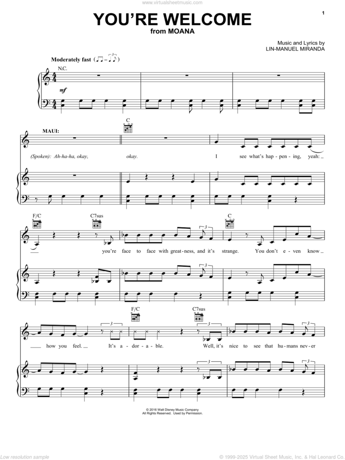 You're Welcome (from Moana) sheet music for voice, piano or guitar by Lin-Manuel Miranda, intermediate skill level