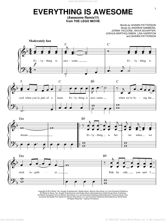 Everything Is Awesome (from The Lego Movie) (feat. The Lonely Island), (easy) sheet music for piano solo by Tegan and Sara, Akiva Schaffer, Andrew Samberg, Jorma Taccone, Joshua Bartholomew, Lisa Harriton and Shawn Patterson, easy skill level