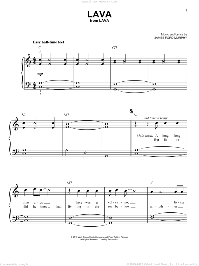 Lava (from Lava) sheet music for piano solo by James Ford Murphy, easy skill level
