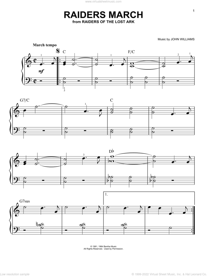 Raiders March, (easy) sheet music for piano solo by John Williams, easy skill level
