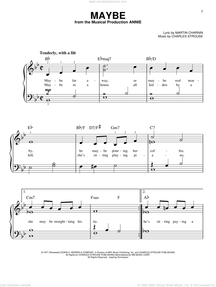 Maybe sheet music for piano solo by Charles Strouse and Martin Charnin, easy skill level