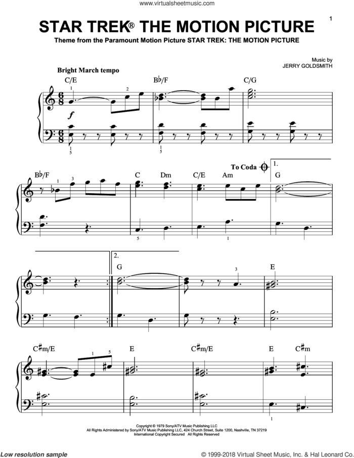 Star Trek The Motion Picture sheet music for piano solo by Jerry Goldsmith, easy skill level