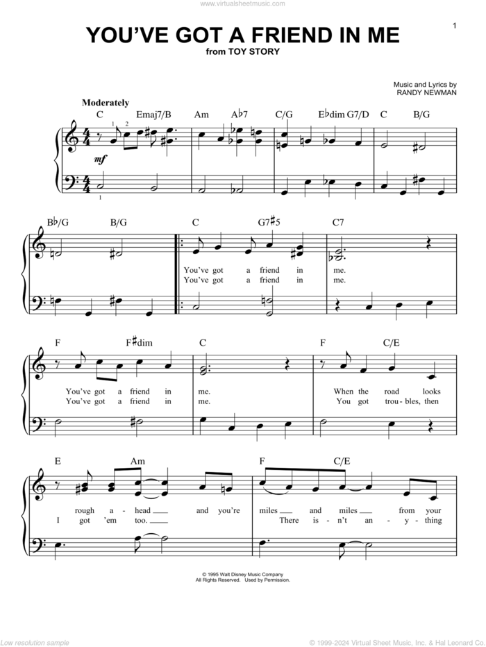 You've Got A Friend In Me (from Toy Story) sheet music for piano solo by Randy Newman, easy skill level
