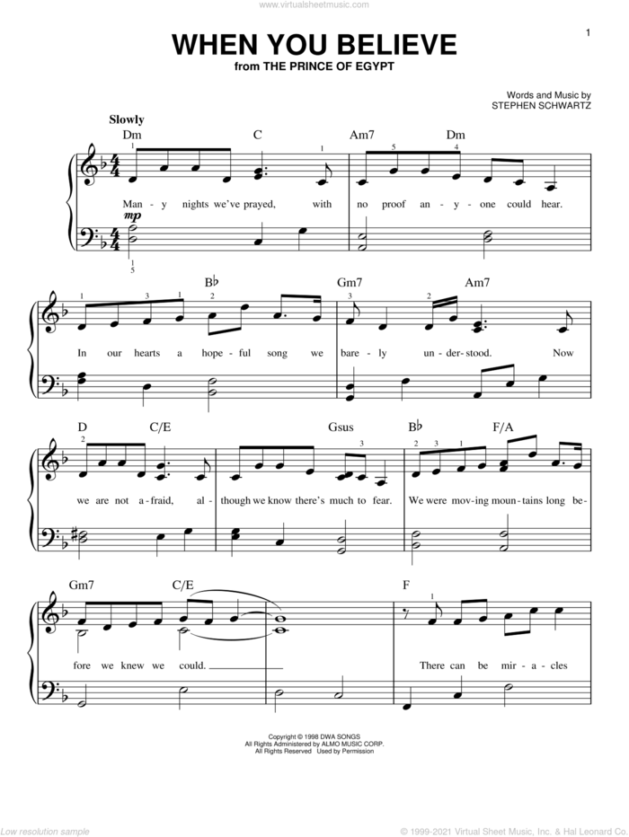 When You Believe (from The Prince Of Egypt) sheet music for piano solo by Whitney Houston and Mariah Carey and Stephen Schwartz, easy skill level