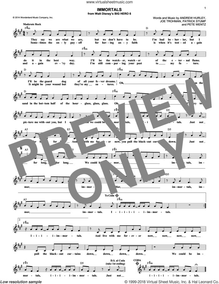 Immortals sheet music for voice and other instruments (fake book) by Fall Out Boy, Andrew Hurley, Joe Trohman, Patrick Stump and Pete Wentz, intermediate skill level