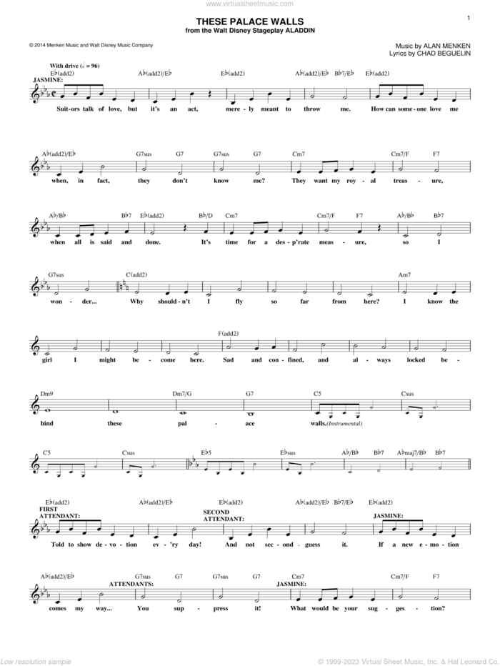 These Palace Walls sheet music for voice and other instruments (fake book) by Alan Menken and Chad Beguelin, intermediate skill level