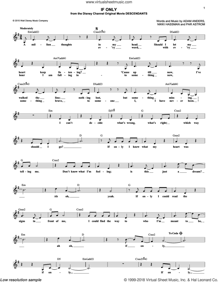 If Only (from Disney's Descendants) sheet music for voice and other instruments (fake book) by Nikki Hassman, Dove Cameron, Adam Anders and Par Astrom, intermediate skill level