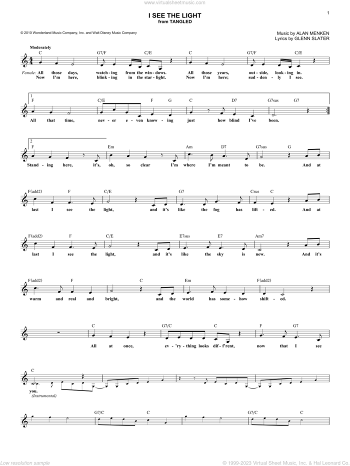 I See The Light (from Tangled) sheet music for voice and other instruments (fake book) by Alan Menken and Glenn Slater, intermediate skill level