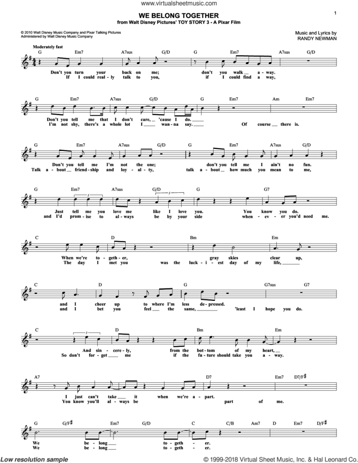 We Belong Together (from Toy Story 3) sheet music for voice and other instruments (fake book) by Randy Newman, intermediate skill level