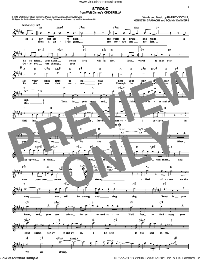 Strong (from the Motion Picture Cinderella) sheet music for voice and other instruments (fake book) by Sonna Rele, Sonna, Kenneth Branagh, Patrick Doyle and Tommy Danvers, intermediate skill level