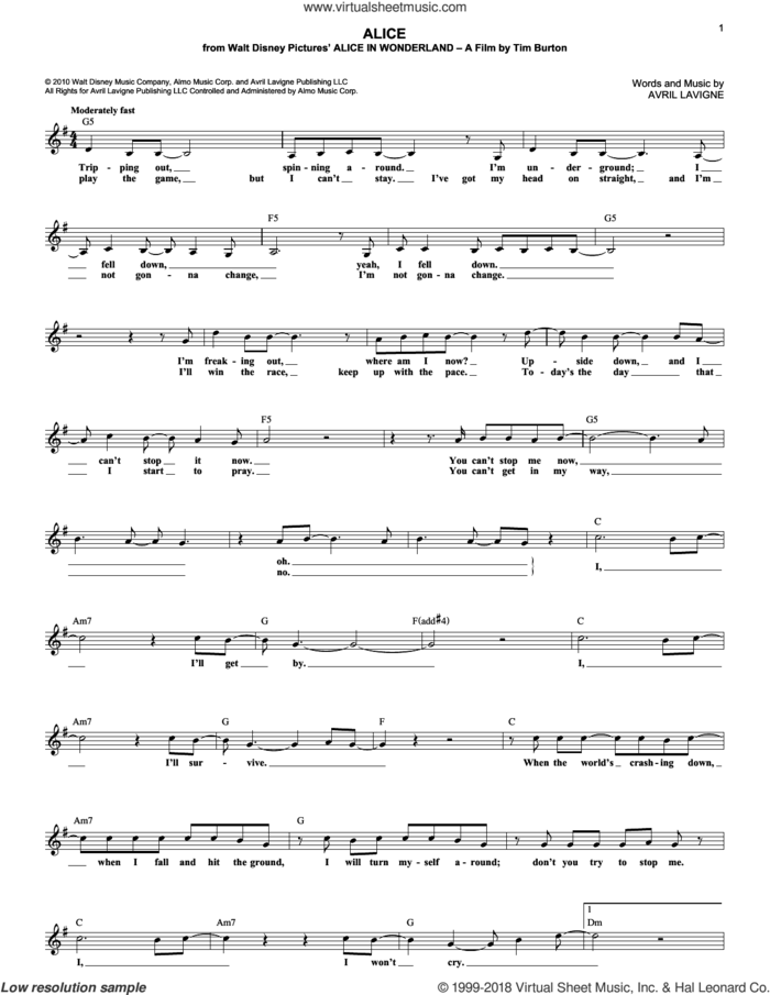 Alice sheet music for voice and other instruments (fake book) by Avril Lavigne, intermediate skill level