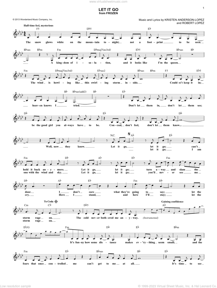 Let It Go (from Frozen) sheet music for voice and other instruments (fake book) by Idina Menzel, Kristen Anderson-Lopez and Robert Lopez, intermediate skill level