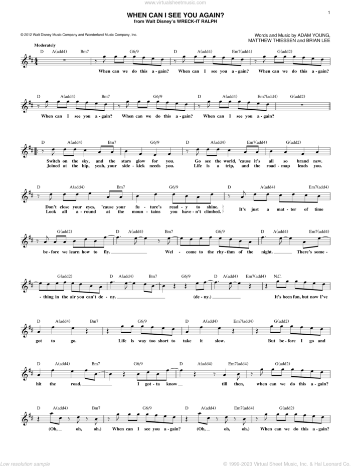 When Can I See You Again? sheet music for voice and other instruments (fake book) by Owl City, Adam Young, Brian Lee and Matthew Thiessen, intermediate skill level