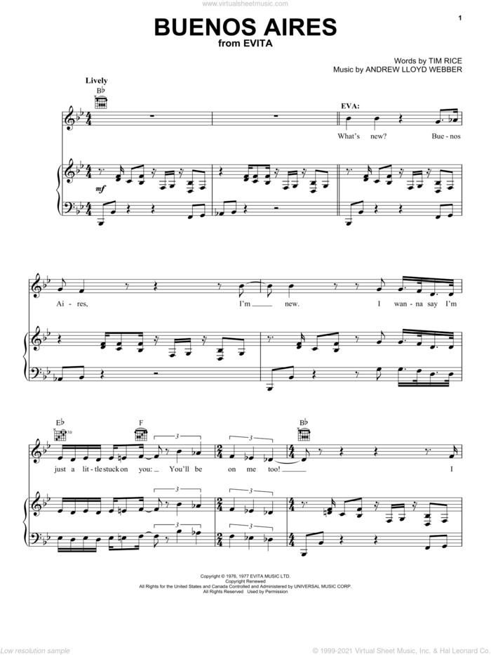 Buenos Aires sheet music for voice, piano or guitar by Andrew Lloyd Webber, Evita (Musical), Madonna and Tim Rice, intermediate skill level