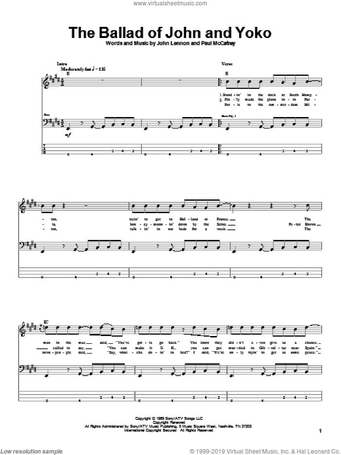 The Ballad Of John And Yoko sheet music for bass (tablature) (bass guitar) by The Beatles, John Lennon and Paul McCartney, intermediate skill level