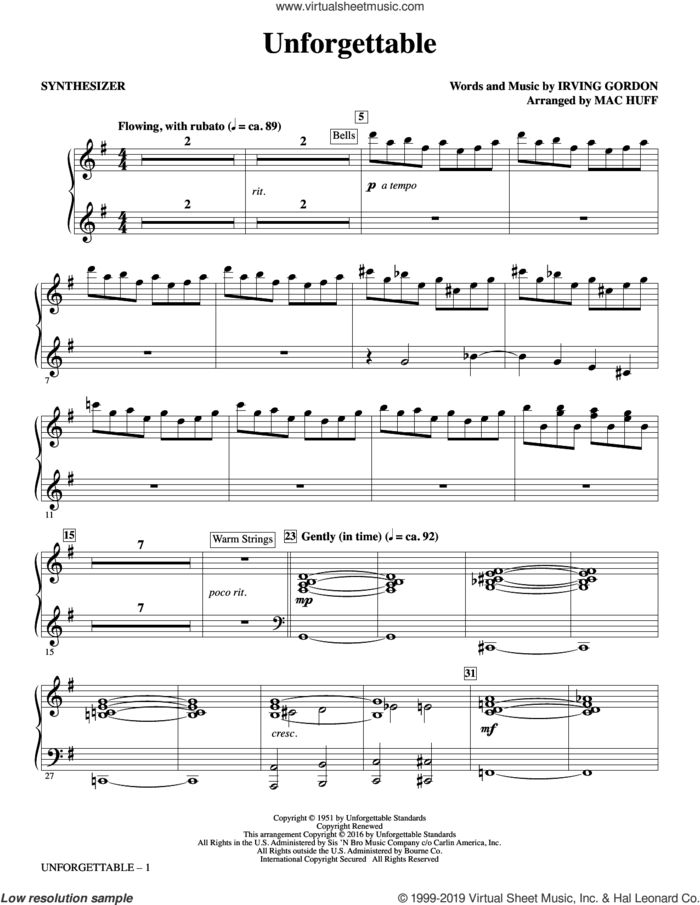 Unforgettable (arr. Mac Huff) (complete set of parts) sheet music for orchestra/band by Mac Huff, Natalie Cole, Dinah Washington, Irving Gordon and Louis Armstrong, intermediate skill level