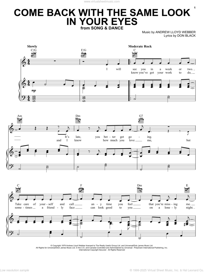 Come Back With The Same Look In Your Eyes sheet music for voice, piano or guitar by Andrew Lloyd Webber, Bernadette Peters, Song And Dance (Musical) and Don Black, intermediate skill level