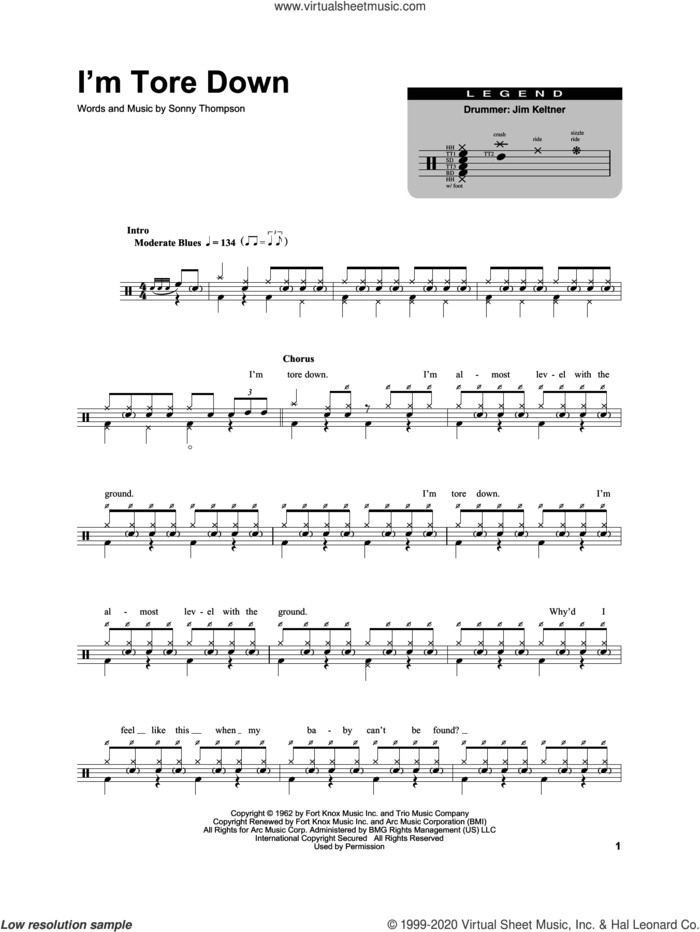 I'm Tore Down sheet music for drums by Freddie King, Eric Clapton and Sonny Thompson, intermediate skill level