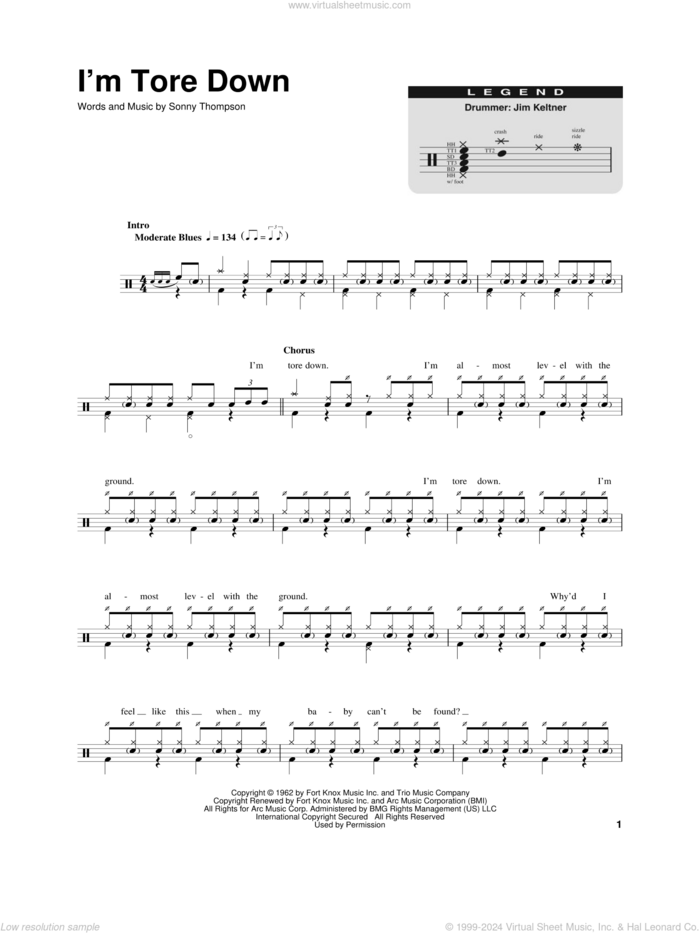 I'm Tore Down sheet music for drums by Freddie King, Eric Clapton and Sonny Thompson, intermediate skill level