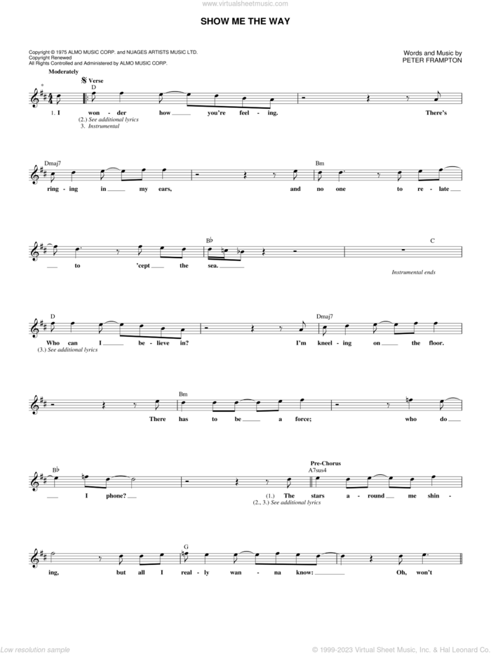 Show Me The Way sheet music for voice and other instruments (fake book) by Peter Frampton, intermediate skill level