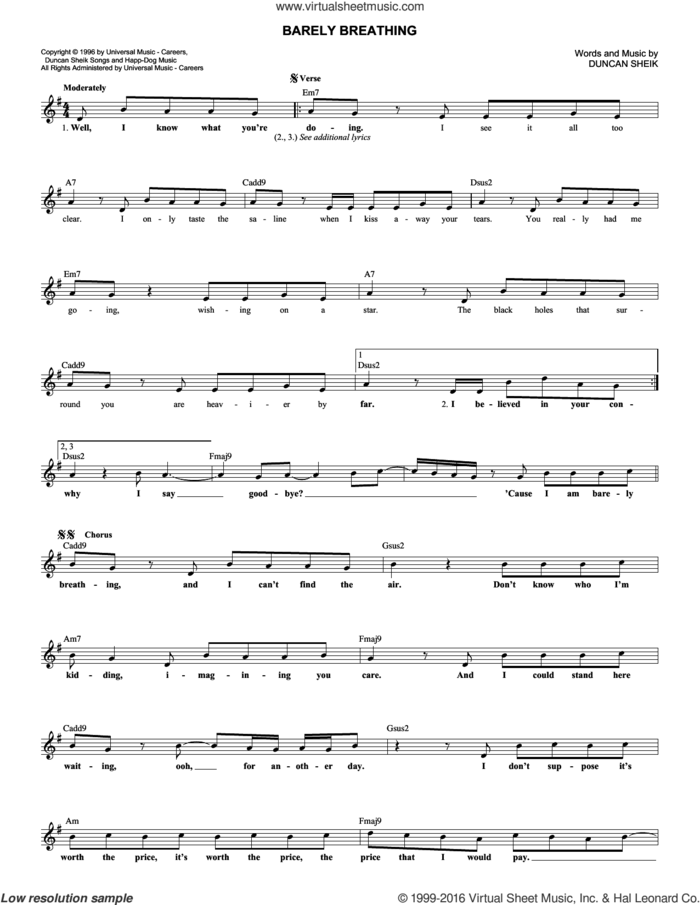 Barely Breathing sheet music for voice and other instruments (fake book) by Duncan Sheik, intermediate skill level