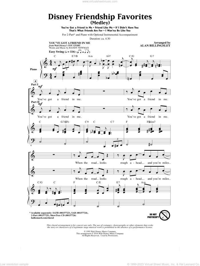 Disney Friendship Favorites (Medley) sheet music for choir (2-Part) by Randy Newman, Alan Billingsley, Alan Menken, Howard Ashman, Lyle Lovett, Richard M. Sherman and Robert B. Sherman, intermediate duet