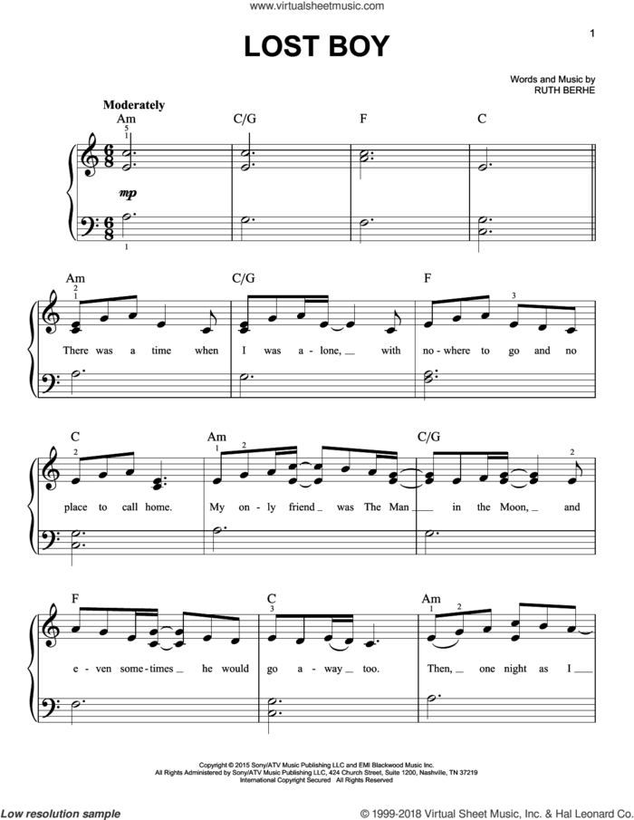 Lost Boy sheet music for piano solo by Ruth B and Ruth Berhe, easy skill level