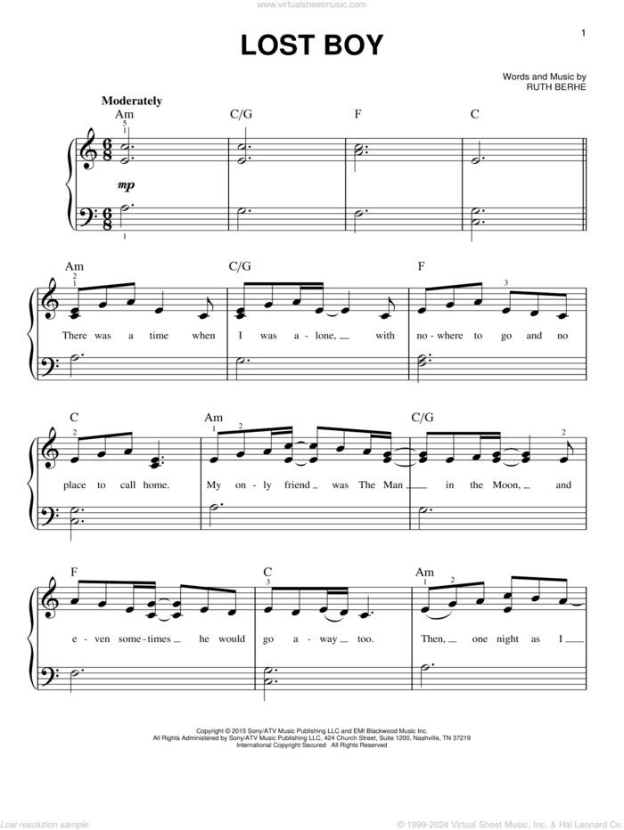 Lost Boy sheet music for piano solo by Ruth B and Ruth Berhe, easy skill level