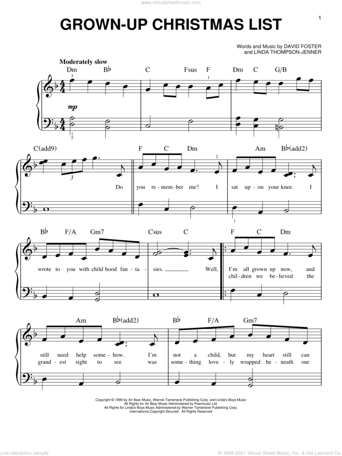 Grown-Up Christmas List, (beginner) sheet music for piano solo by Amy Grant, David Foster and Linda Thompson-Jenner, beginner skill level