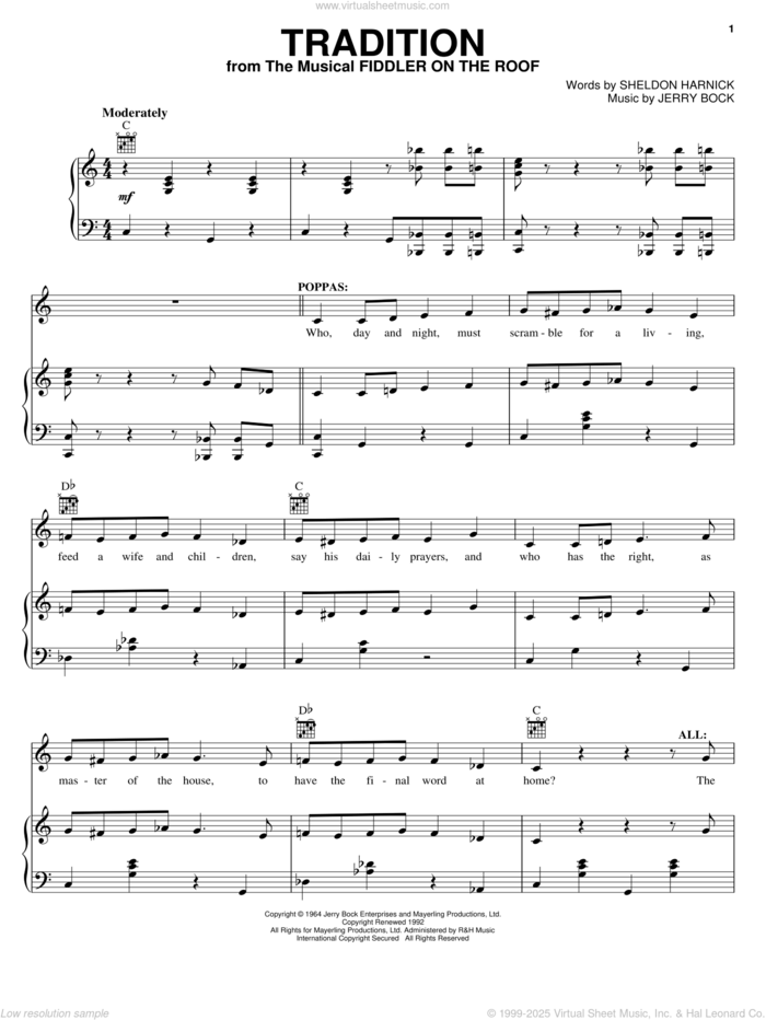 Tradition sheet music for voice, piano or guitar by Bock & Harnick, Fiddler On The Roof (Musical), Jerry Bock and Sheldon Harnick, intermediate skill level
