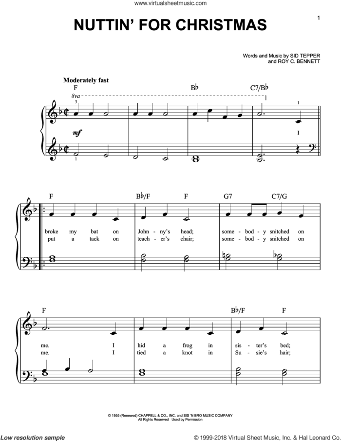 Nuttin' For Christmas sheet music for piano solo by Sid Tepper and Roy Bennett, beginner skill level