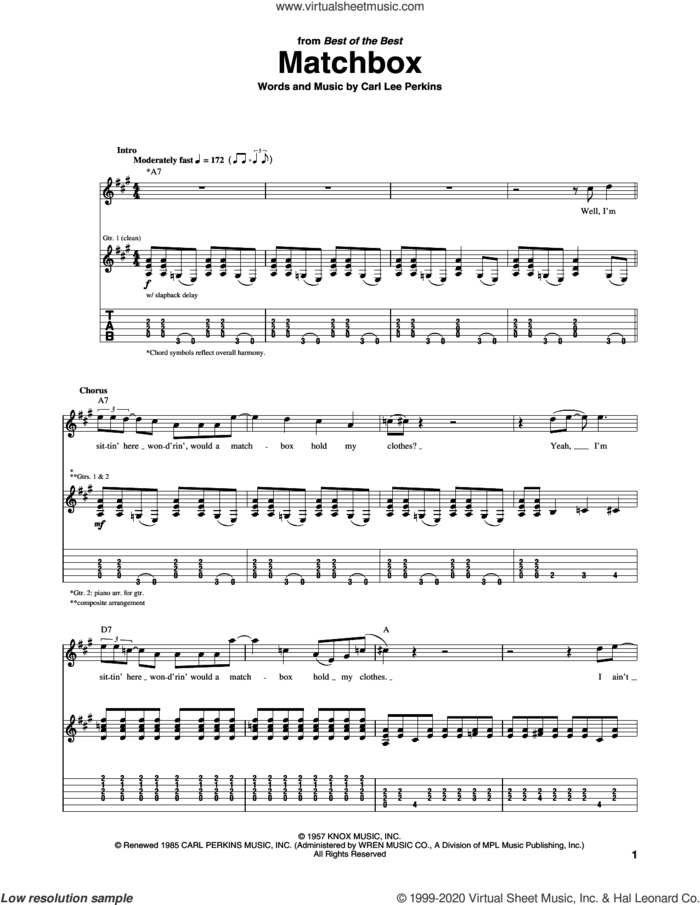 Matchbox sheet music for guitar (tablature) by The Beatles, Jonny Lang and Carl Perkins, intermediate skill level