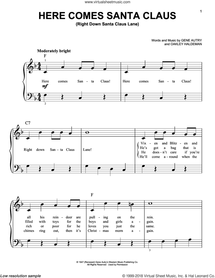 Here Comes Santa Claus (Right Down Santa Claus Lane) sheet music for piano solo by Gene Autry, Carpenters and Oakley Haldeman, beginner skill level