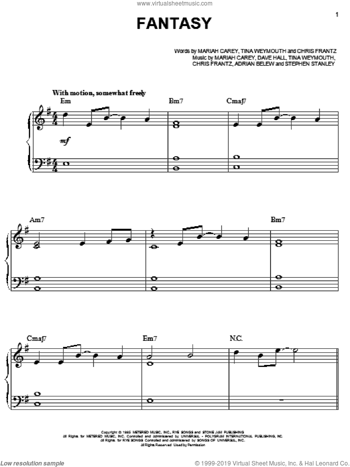 Fantasy sheet music for piano solo by Mariah Carey, Adrian Belew, Chris Frantz, Dave Hall, Stephen Stanley and Tina Weymouth, easy skill level