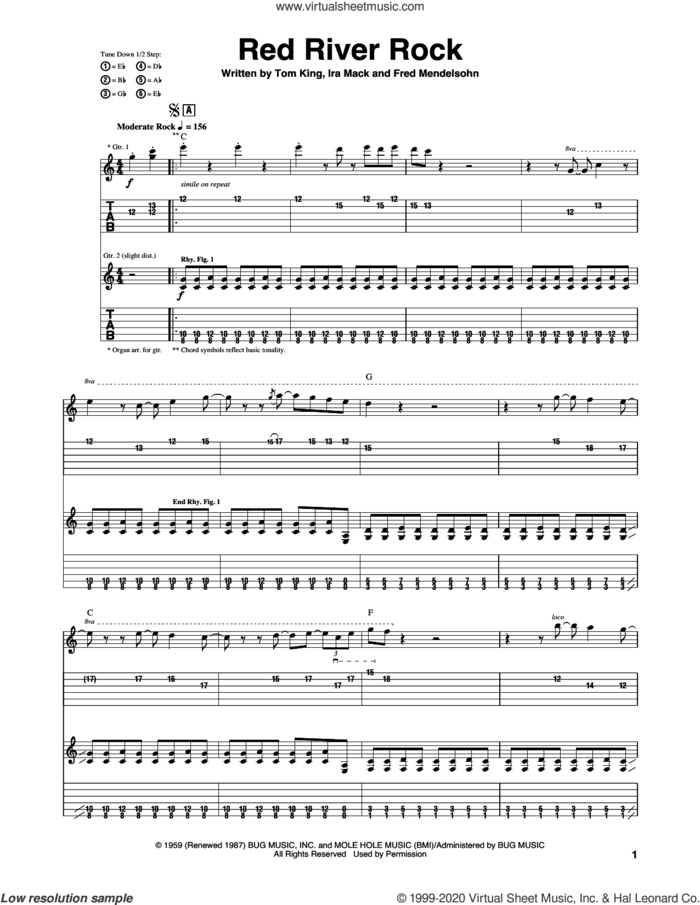 Red River Rock sheet music for guitar (tablature) by Johnny & The Hurricanes, Fred Mendelsohn, Ira Mack and Tom King, intermediate skill level