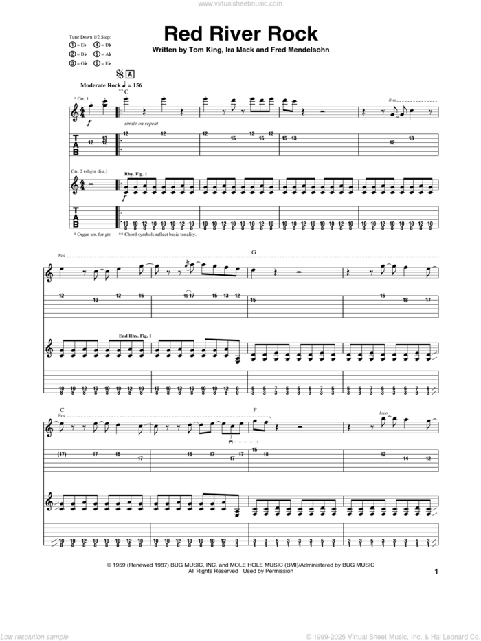 Red River Rock sheet music for guitar (tablature) by Johnny & The Hurricanes, Fred Mendelsohn, Ira Mack and Tom King, intermediate skill level