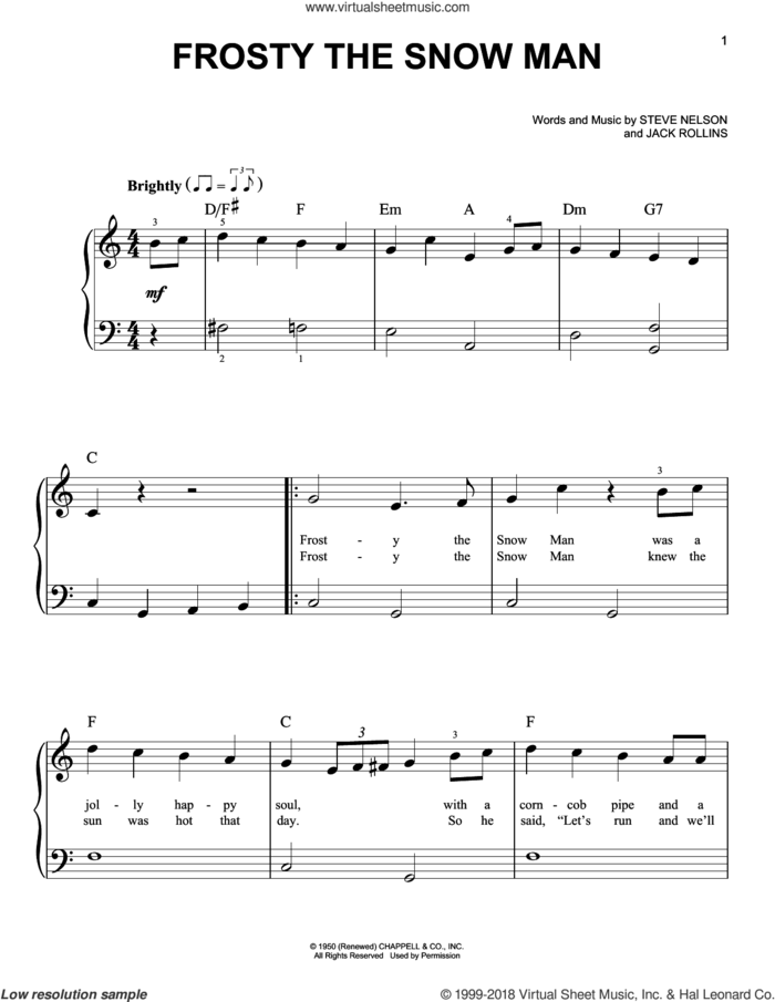 Frosty The Snow Man sheet music for piano solo by Steve Nelson and Jack Rollins, beginner skill level